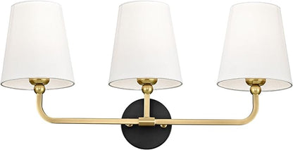 Bathroom Light Fixtures, Black and Gold Vanity Lights with Flared White Fabric Shade, 3-Light Wall Sconce, Modern Sconces Wall Lighting for Hallway Bedroom, VL837-KG-3