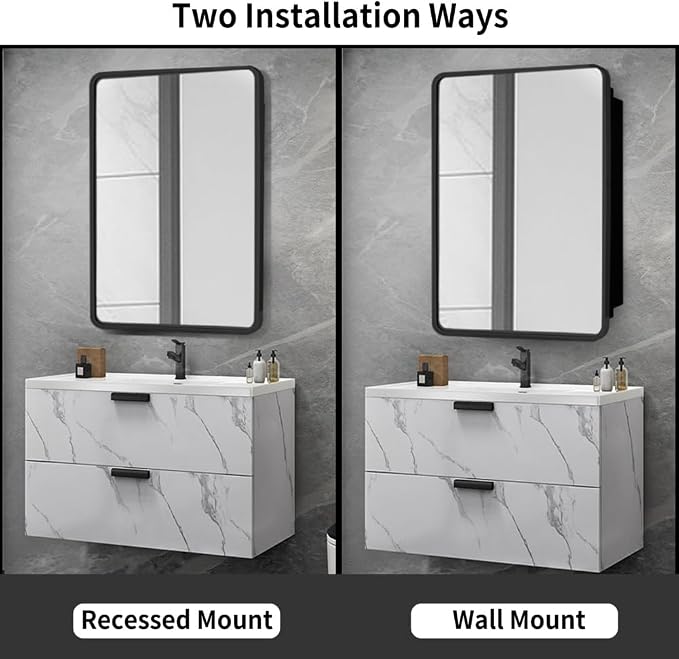Movo Black Metal Framed Bathroom Mirror Medicine Cabinet, 20 Inch x 31 Inch, Tilting Beveled Vanity Mirror, Recess or Surface Mount Installation