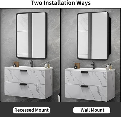 Movo Black Metal Framed Bathroom Mirror Medicine Cabinet, 20 Inch x 31 Inch, Tilting Beveled Vanity Mirror, Recess or Surface Mount Installation