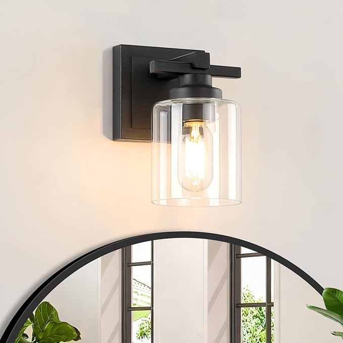 1 Light Modern Bathroom Light Fixtures Over Mirror, Black Vanity Lights for Bathroom Wall Sconces with Clear Glass Shades, E26 Socket (Bulbs Not Included)