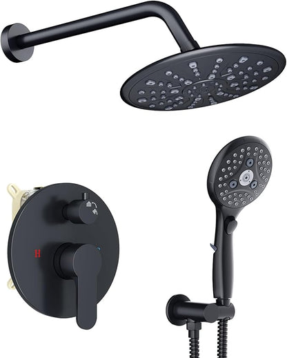 Suncleanse Black Shower Faucet Sets - 8.5" Rain Shower Head Combo with 7-Setting handheld Spray Complete Shower System - Rainfall Shower Fixtures with Rough-in Valve and Trim Kit for Luxury Bathroom