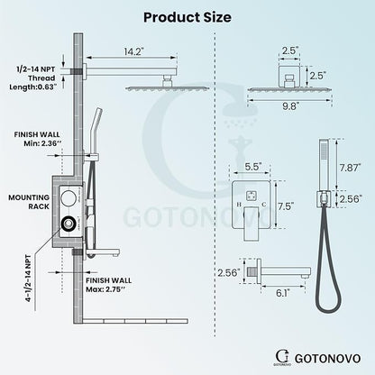 gotonovo Bathtub Shower Faucet Set, 10 Inch Shower Head, Brushed Gold | Wall Mounted Shower System with Tub Spout for Bathroom, Square High Pressure Rain Shower head with Handheld Spray, All Metal