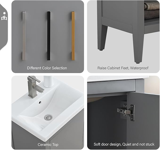 Vanity Art 20 inch Bathroom Vanity with Single Sink & Ceramic Top, Vanity Cabinet with Soft-Closing Doors, Solid Wood Frame, Cashmere Gray, VA9020-G-BN1