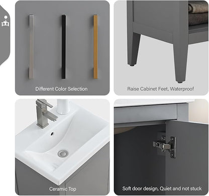 Vanity Art 20 inch Bathroom Vanity with Single Sink & Ceramic Top, Vanity Cabinet with Soft-Closing Doors, Solid Wood Frame, Cashmere Gray, VA9020-G-BN1