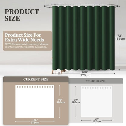 108x72 Linen Textured Waterproof Cloth Shower Curtain, Emerald Green | Extra Wide Size, 230GSM Polyester, Heavy Duty Fabric, Weighted Hem, 18 Plastic Hooks, Modern Hotel Style, Machine Washable