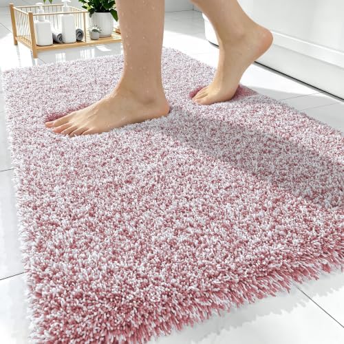 OLANLY Microfiber Bathroom Rugs 30x20, Quick Dry Mat, Deep Rose and White