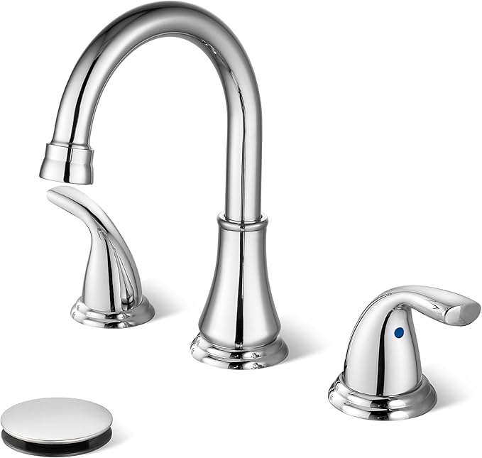 Polish Chrome Widespread Bathroom Sink Faucet, 3 Hole 8 Inch | Modern Bathroom Faucet 3-Hole,2 Handles,Pop-Up Drain & Supply Lines,Deck Mount Vanity Faucet,1.2 GPM,SUS304 Stainless Steel