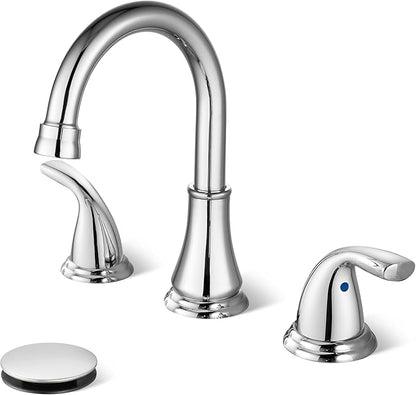 Polish Chrome Widespread Bathroom Sink Faucet, 3 Hole 8 Inch | Modern Bathroom Faucet 3-Hole,2 Handles,Pop-Up Drain & Supply Lines,Deck Mount Vanity Faucet,1.2 GPM,SUS304 Stainless Steel