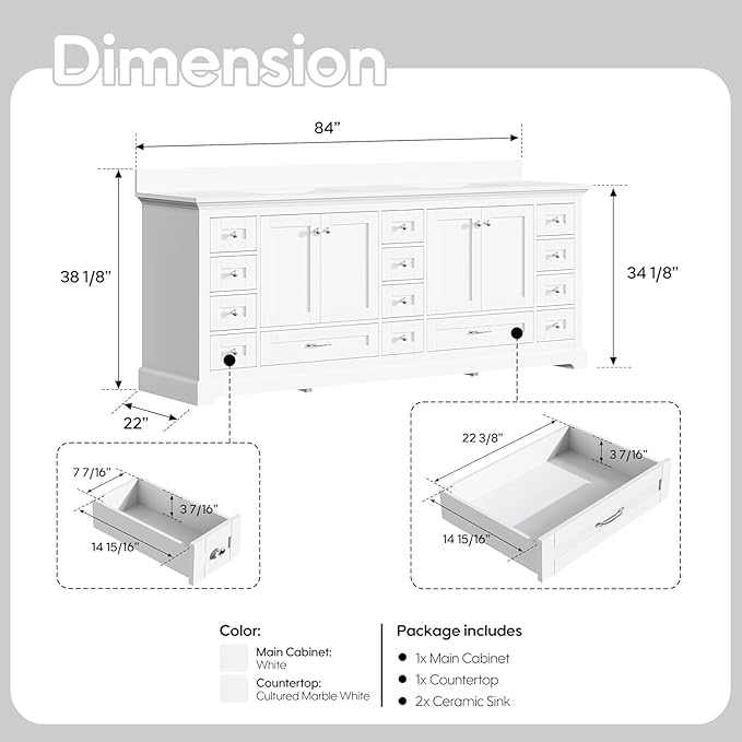 WELLFOR 84 Inch Bathroom Vanity with Double Sinks, Bathroom Freestanding Vanity W/4 Soft-Close Doors and 14 Drawers, Large Storage Space Vanity, Engineered Stone Countertop Vanities, White
