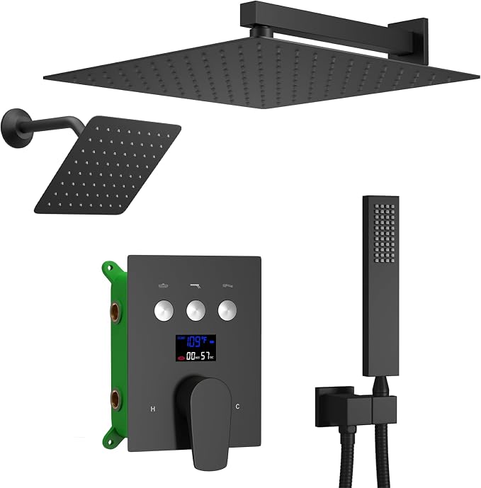 Full Body Shower System Matte Black Shower Faucet Set with 2 Rain Shower Head(12+8"), Handheld Shower, with Temperature Digital Display