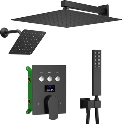 Full Body Shower System Matte Black Shower Faucet Set with 2 Rain Shower Head(12+8"), Handheld Shower, with Temperature Digital Display