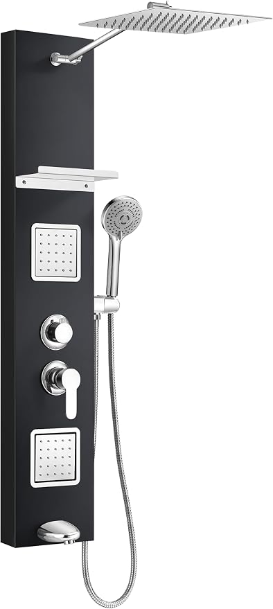 Shower Panel Tower System with Shelf, Adjustable Body Jets and Tub Spout | Rainfall shower panel with angle adjustable side jets, tub spout, 5-function handheld sprayer and built-in shelf