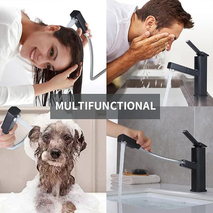 KAIYING Bathroom Sink Faucet with Pull Out Sprayer, Single Handle Basin Mixer Tap for Hot and Cold Water, Lavatory Pull Down Sink Faucet with Rotating Spout (Regular, Black)