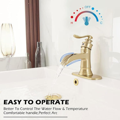 BWE Brass Gold Waterfall Sink Faucet for Modern & Traditional Bathroom | Wide Waterfall Spout, Ceramic Cartridge, Fits 1 or 3-Hole Sink, Single Handle, Hardware Kit Included, Not for Vessel Sink