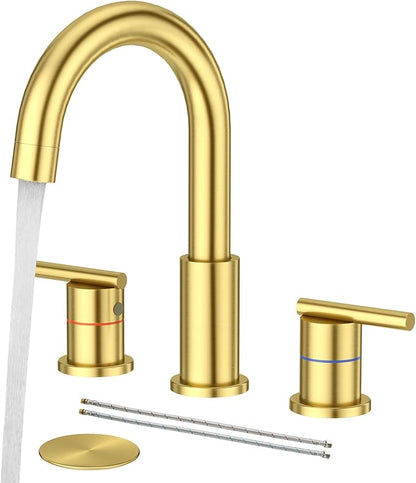 Faustina Gold Faucet Bathroom,Brushed Gold Bathroom Faucets 3 Hole,8 Inch Widespread Bathroom Faucet,4 Inch 12 Inch Bathroom Faucet with Drain Assembly,2-Handle Stainless Steel(Supply Line)