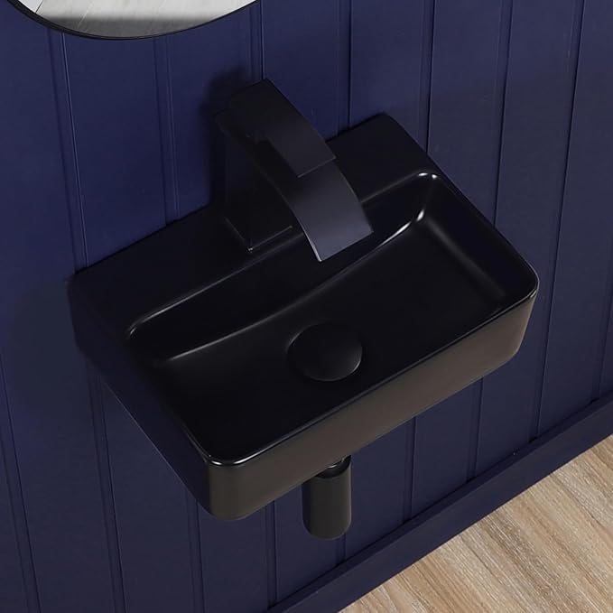 Small Wall Mount Bathroom Vessel Sink Matte Black 14"x10" Rectangular Floating Porcelain Ceramic Black Wall Hung Vanity Basin Sink for Tiny Home,RV,Bathroom
