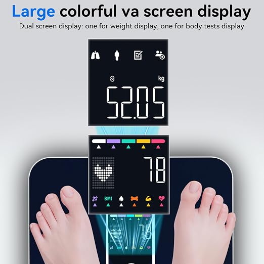 Smart Scale with BMI Body Fat Muscle Mass Digital Bathroom Weight Scale with Accurate 17 Core Body Composition Analyzer Fat Percentage Dual Large VA Color Screen Bluetooth Sync App for Home Use