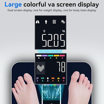 Smart Scale with BMI Body Fat Muscle Mass Digital Bathroom Weight Scale with Accurate 17 Core Body Composition Analyzer Fat Percentage Dual Large VA Color Screen Bluetooth Sync App for Home Use