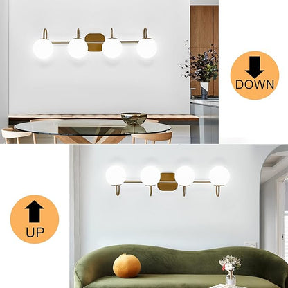New Bathroom Vanity Light Fixtures 4-Lights Brushed Brass Frame and Milk White Glass Globe Shade Modern Wall Sconce Lighting Bath Vanity Lights Bar Over Mirror (Exclude G9 Bulb)