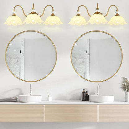 Vintage Bathroom Vanity Light, 3-Light Matte Brass Finish Vanity Light with Floral Yellow Glass Shades, Retro Wall Sconce for Bathroom, Dressing Table