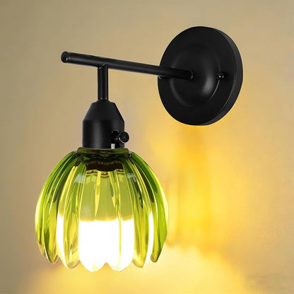 Vintage Gold Wall Sconces with Green Tulip Glass Lampshade, Hardwired Wall Lamp (2 Usage Methods), Blakc Sconces Hradwired Modern Wall Lighting Fixture for Bedroom Living Room