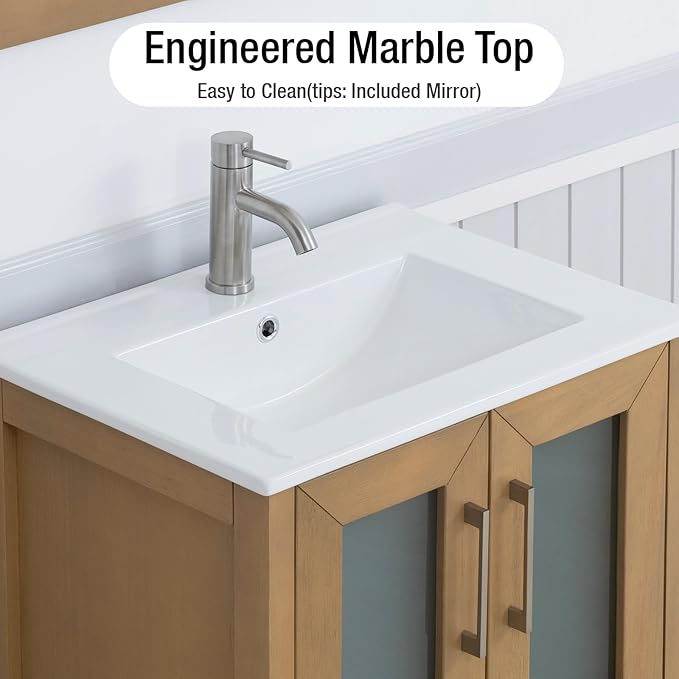 HOMEBEYOND 24 Inch Modern Bathroom Vanity with Sink & Mirror, Single Vanity Cabinet with Basin and Mirror, Dove-Tailed Drawers, Soft-Closing Doors, Wood, Natural Oak