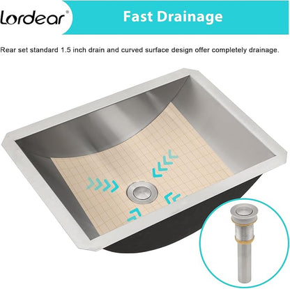 Lordear Undermount Bathroom Sink Stainless Steel - Lordear 18x13x5 Inch Vanity Bathroom Sinks Rectangle Under Couter Stainless Steel Lavatory Sink Basin with Drain