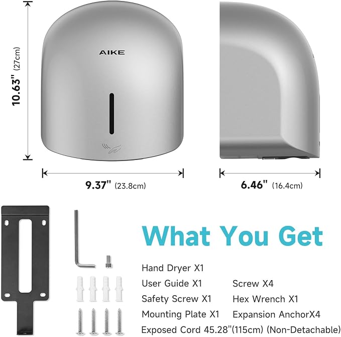 AIKE GentleAir Warm Hand Dryer,Low Noise for Home Bathroom,Stardust Silver | GentleAir Warm Dry,Plug-in Easy Install and Low Noise Experience for Home Bathroom,Smart and Sophisticated ABS Look,AK2637