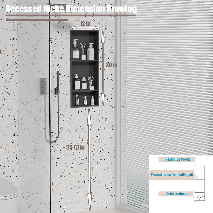 30 x 12 Inch Shower Niche, Matte Black Stainless Steel Recessed Wall Niche, No Tile Needed Built-in Shower Shelf, 3-Tier Bathroom Storage Organizer, Waterproof Rustproof