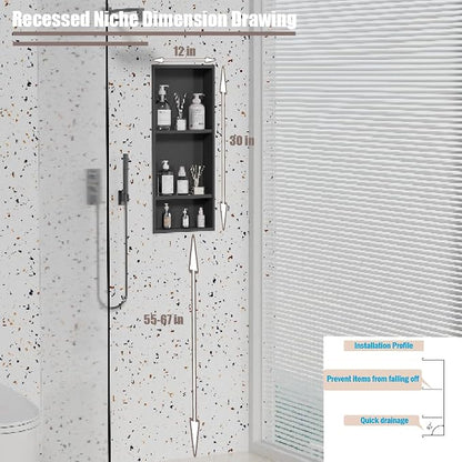 30 x 12 Inch Shower Niche, Matte Black Stainless Steel Recessed Wall Niche, No Tile Needed Built-in Shower Shelf, 3-Tier Bathroom Storage Organizer, Waterproof Rustproof