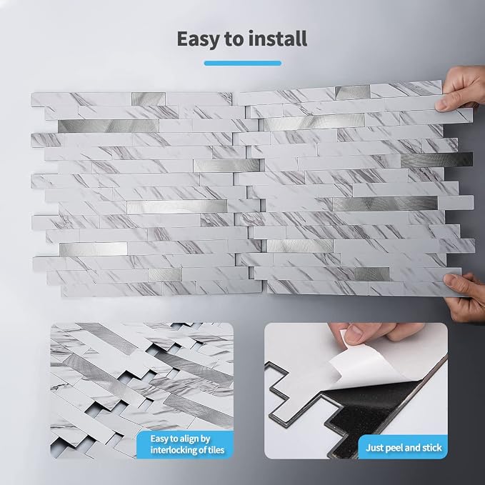 Art3d Faux Stone Peel & Stick Backsplash Tile, 10 pcs, Plain White Marble | PVC, Multi-Style Decor Sheets, Waterproof, Traceless Peel, No Wall Damage, Ideal for Kitchen