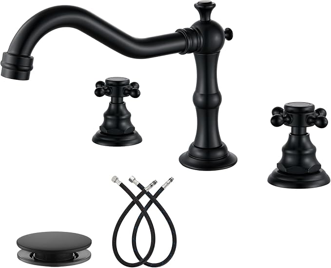 gotonovo 3 Hole 8’’ Widespread Bathroom Sink Faucet Matte Black | Vintage Bathroom Faucet,2 Cross Handle,6-16’’ Sink,Vanity,Basin,RV,Farmhouse,SUS304,24’’ cUPC Hose Pop Up Drain,Deck Mount