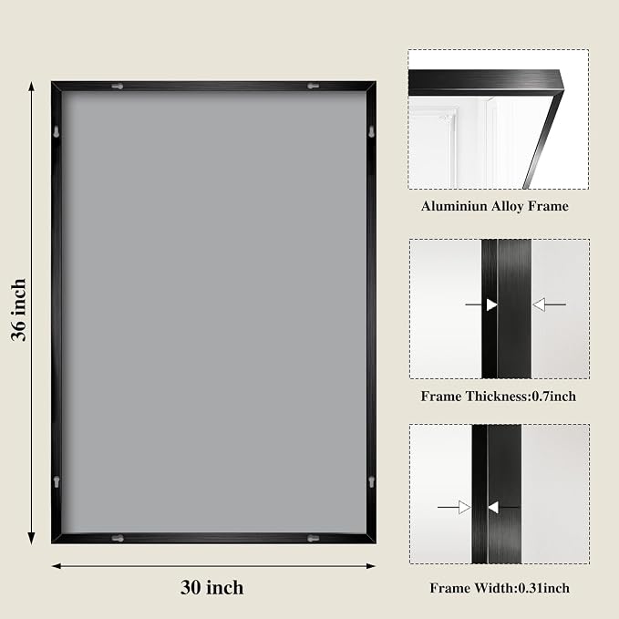 Koonmi Black Mirrors for Wall, 30x36 Inch Bathroom Mirror, Rectangular Wall Mirror for Living Room Bedroom Bathroom, Hangs Horizontally or Vertically