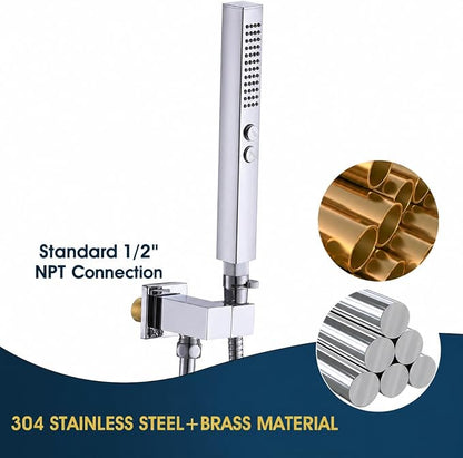 All-Metal High Pressure Square Handheld Shower Head with Jet Spray and Rainfall Modes, Volume Control Regulator, ON/OFF Switch, Hose and Wall Mounted Adjustable Bracket, Chrome