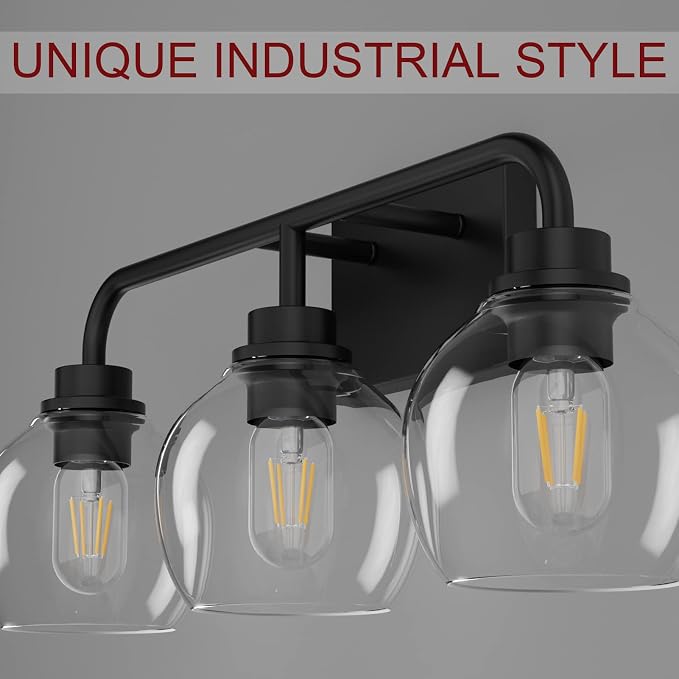 Tipace Black Industrial Bathroom Vanity Light Fixtures Over Mirror Glass Globe 3 Lights Vintage Vanity Lights Farmhouse Bath Lighting(Exclude Bulb)
