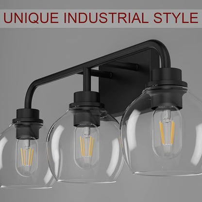 Tipace Black Industrial Bathroom Vanity Light Fixtures Over Mirror Glass Globe 3 Lights Vintage Vanity Lights Farmhouse Bath Lighting(Exclude Bulb)