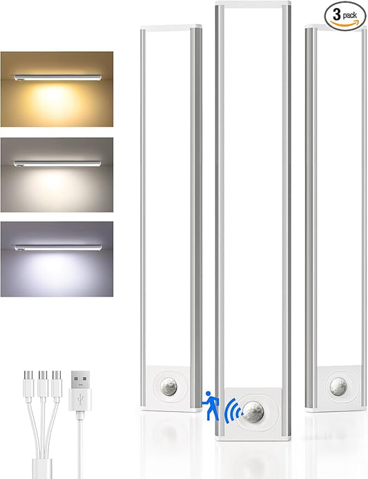 Under Cabinet Lighting Wireless,Rechargeable Battery Motion Sensor Light Indoor,LED Closet Lights USB Charging,3 Color Dimmable Under Cabinet Lights for Kitchen, Cabinet, Wardrobe (3 Pcs)12in
