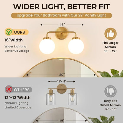 Modern Brushed Gold Vanity Lights for Bathroom, Mid Century 2 Light Bathroom Vanity Light with Globe Milky White Glass Shade Over Mirror, Brass Wall Sconce for Bathroom Hallway Living Room Bedroom