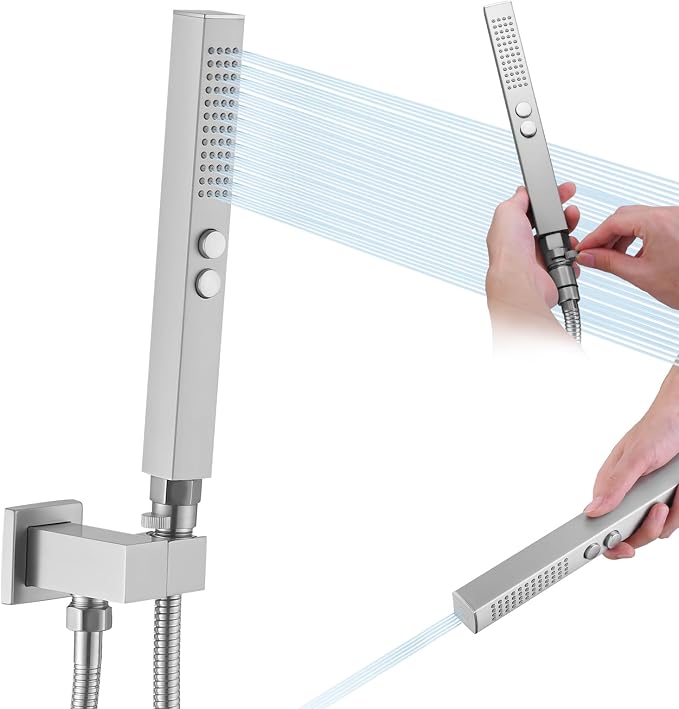 All-Metal High Pressure Square Handheld Shower Head with Jet Spray and Rainfall Modes, Volume Control Regulator, ON/OFF Switch, Hose and Wall Mounted Adjustable Bracket (Brushed Nickel)