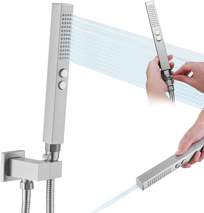 All-Metal High Pressure Square Handheld Shower Head with Jet Spray and Rainfall Modes, Volume Control Regulator, ON/OFF Switch, Hose and Wall Mounted Adjustable Bracket (Brushed Nickel)