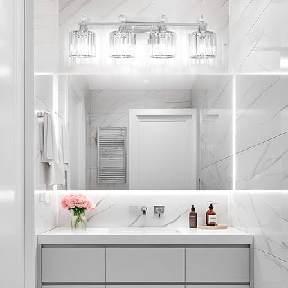 Modern Crystal Bathroom Vanity Light 4-Lights, Chrome Vanity Lights for Bath, Crystal Bathroom Wall Fixture Over Mirror, Wall Sconces Lighting with Clear Glass Shade for Bedroom, Living Room