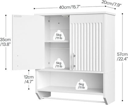HOOBRO Fluted Bathroom Wall Cabinet, Farmhouse Medicine Cabinet with 2 Fluted Doors, Wall Storage Shelf with Towel Rack, Adjustable Shelf, for Small Spaces, Bathroom, Kitchen, White
