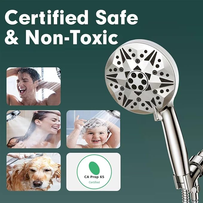 Filtered Brushed Nickel High Pressure Handheld Shower Head – 10 Spray Modes with Rain & Massage, Built-in Filter for Cleaner Water, Anti-Clog Nozzles, Power Rinse for Tile & Pets