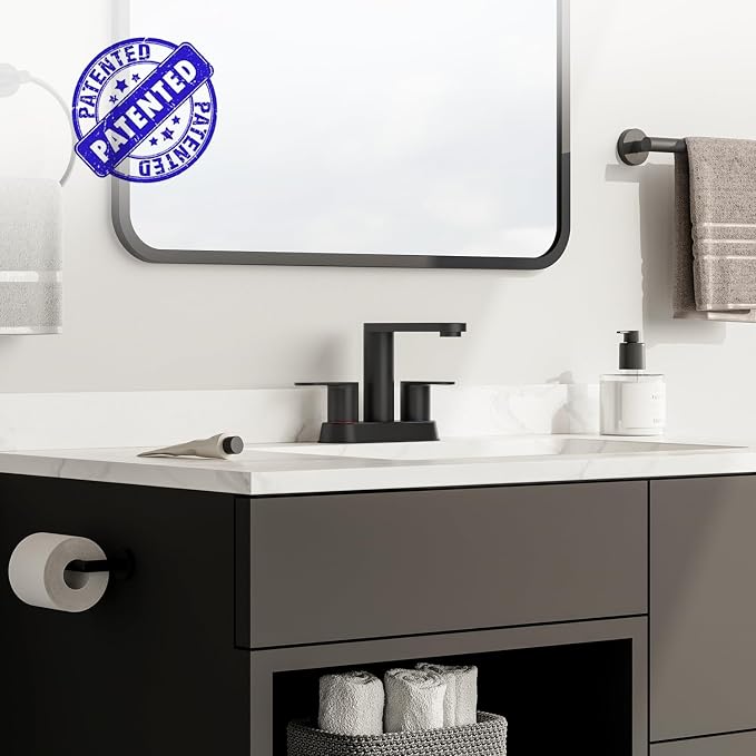 BWE Matte Black Bathroom Faucets 4 Inch Centerset Faucet for Bathroom Sink | 2 or 3 Hole Basin 2-Handle 360° Swivel Spout Bathroom Sink Faucet with Pop up Drain Water Supply Hose for Farmhouse Vanity RV