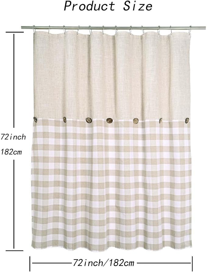 DOSLY Ides Linen Button Farmhouse Shower Curtain, Linen and Cotton Fabric, Pleated Brown and Beige Plaid Checked Pattern, Country Style, 72x72 in