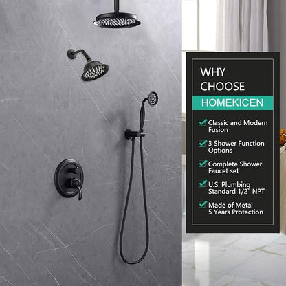 Dual Rain Shower Head System with Handheld Antique Faucet Set | Matte Black Finish, Multi-layer Plating, Vintage Rainfall, 3 Way Diverter Brass Valve with Trim Kit, Easy Install