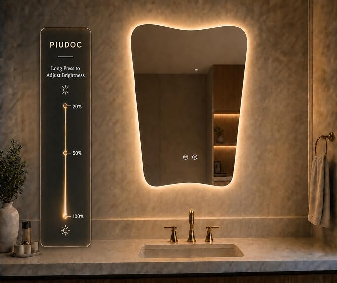 Irregular LED Bathroom Mirror, 24x36 Inch Asymmetrical Frameless Backlit Vanity Mirror with Anti-Fog, Dimmable 3-Color Lights, Tempered Glass, Touch Control, Vertical Wall Mounted