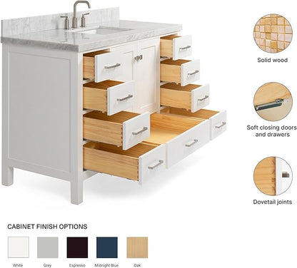 ARIEL Cambridge 54-inch Bathroom Vanity with Sink,Solid Wood, 1.5-inch Italian Carrara Marble Countertop, Single Rectangular Porcelain Sink, 2 Soft Closing Doors, 9 Dovetail Drawers, White