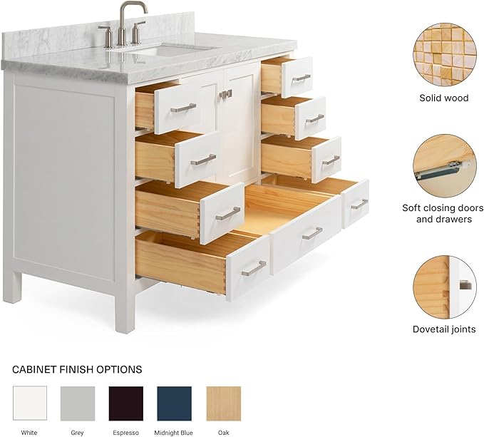 ARIEL Cambridge 54-inch Bathroom Vanity with Sink,Solid Wood, 1.5-inch Pure White Quartz Countertop & Backsplash, Single Rectangular Porcelain Sink, 2 Soft Closing Doors, 9 Dovetail Drawers, White