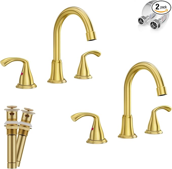 Phiestina 8 Inch 3 Hole 2 Handle Widespread Brushed Gold Bathroom Sink Faucet 2 Pack, Modern Bathroom Faucet with Metal Pop up Drain and Water Supply Lines,WFJC180-BG-2PACK